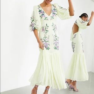 ISO !!  asos tiered floral maxi dress in lemon. Open back with purple flowers